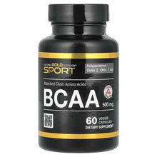BCAA dietary supplement bottle, 500 mg, 60 veggie capsules, black with gold band