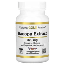 Bacopa extract supplement bottle, 320 mg label and 120 veggie capsules