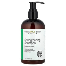Strengthening shampoo bottle with pump, rosemary mint label, 12 fl oz (355 mL).
