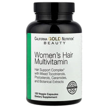 Women's hair multivitamin bottle with green-and-white label, 120 veggie capsules