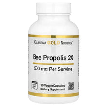 Bee propolis supplement bottle, front label with 2X and 500 mg per serving
