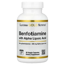 Benfotiamine supplement bottle with gold-accent label and 90 veggie capsules