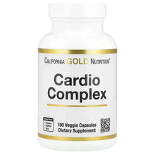 Supplement bottle with Cardio Complex front label and gold band, 180 veggie capsules