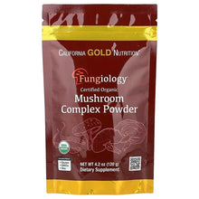 California Gold Nutrition mushroom complex powder pouch, certified organic, yellow sealed bag