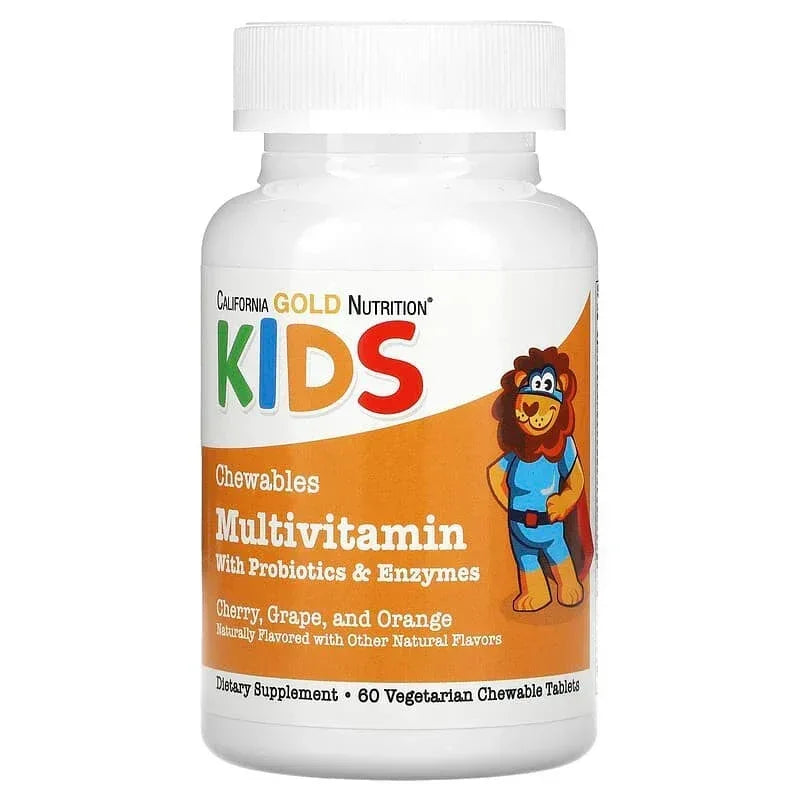 California Gold Nutrition, Chewable Multivitamins with Probiotics, Enzymes, Vitamin A and Vitamin C for Children, Assorted Fruit