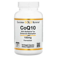 CoQ10 dietary supplement bottle, 100 mg, 150 veggie capsules