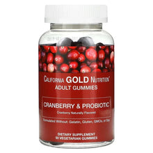 California Gold Nutrition cranberry & probiotic gummies bottle with dark red gummies