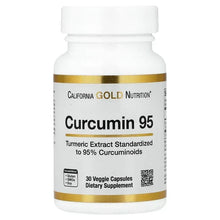 Curcumin 95 supplement bottle, gold band label, 30 veggie capsules