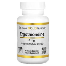 Ergothioneine supplement bottle label, 5 mg and 90 veggie capsules
