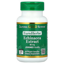 Echinacea extract supplement bottle with green cap, EuroHerbs front label, 80 mg