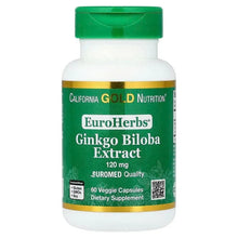 Ginkgo biloba supplement bottle with green cap; 120 mg and 60 veggie capsules label