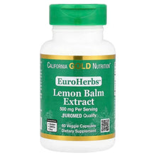Lemon balm extract supplement bottle with green cap, 500 mg label