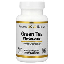 Green Tea Phytosome supplement bottle, white with gold band, 150 mg label
