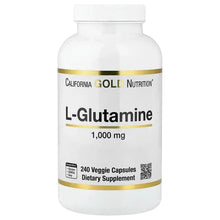 L-Glutamine supplement bottle with 1,000 mg label and 240 veggie capsules