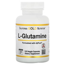 L-Glutamine supplement bottle with front label, 120 veggie capsules