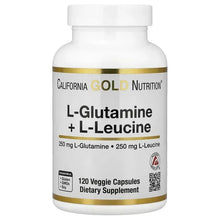 Supplement bottle with label: L-Glutamine + L-Leucine, 120 veggie capsules