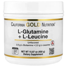 Nutritional supplement jar with L-Glutamine + L-Leucine label, unflavored.