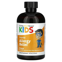 Kids allergy relief bottle, grape flavor label, amber bottle with black cap.