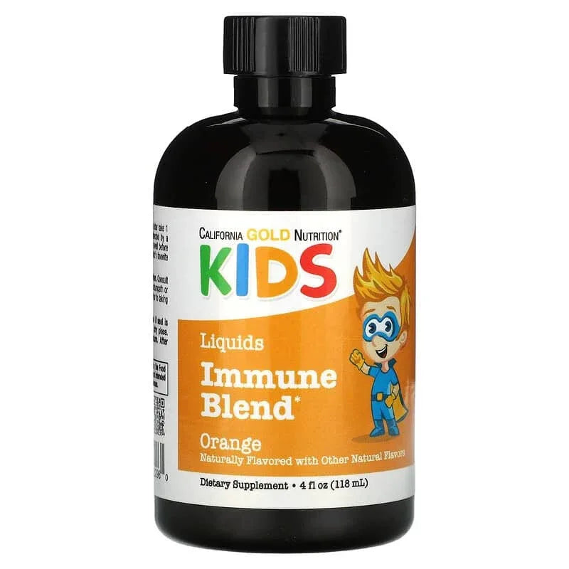 California Gold Nutrition, Liquid Immune Blend with Olive Leaf Extract, St. John's Wort Extract and Colloidal Silver for Children, No Alcohol, Orange, 4 fl oz (118 ml) - USA MEGA SHOP