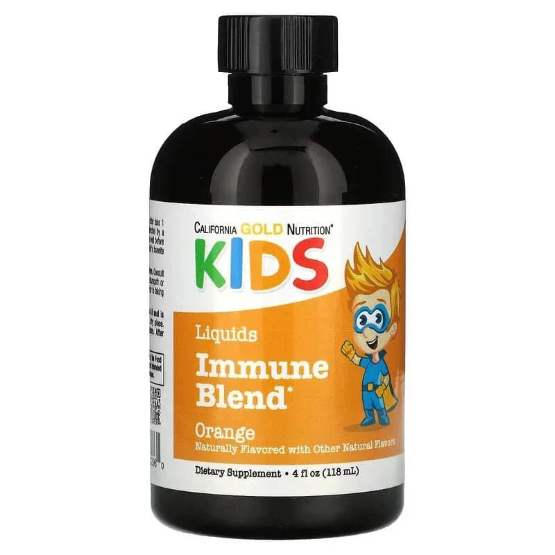 California Gold Nutrition, Liquid Immune Blend with Olive Leaf Extract, St. John's Wort Extract and Colloidal Silver for Children, No Alcohol, Orange, 4 fl oz (118 ml)