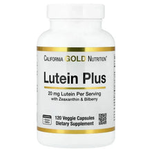 Lutein Plus supplement bottle, white with gold trim and front label