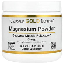 Magnesium powder beverage supplement jar, orange flavor label with golden band