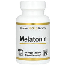 Melatonin dietary supplement bottle with gold label and 90 veggie capsules text