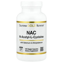 NAC supplement bottle with gold band, white label, 120 veggie capsules.