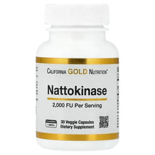 Nattokinase dietary supplement bottle with white cap and gold trim label