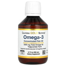 Omega-3 fish oil bottle with white cap, amber liquid, front label and yellow band