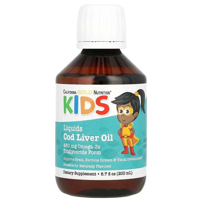 California Gold Nutrition, Norwegian Kids Cod Liver Oil, Natural Strawberry, 6.7 fl oz. (200 ml) - USA MEGA SHOP