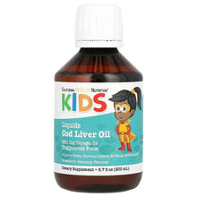 Kids cod liver oil bottle with white cap, turquoise label, strawberry flavor