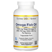 California Gold Nutrition omega fish oil bottle with label, 180 softgels