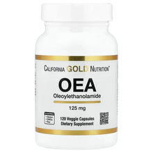 OEA 125 mg supplement bottle with white cap and gold label front, 120 veggie capsules