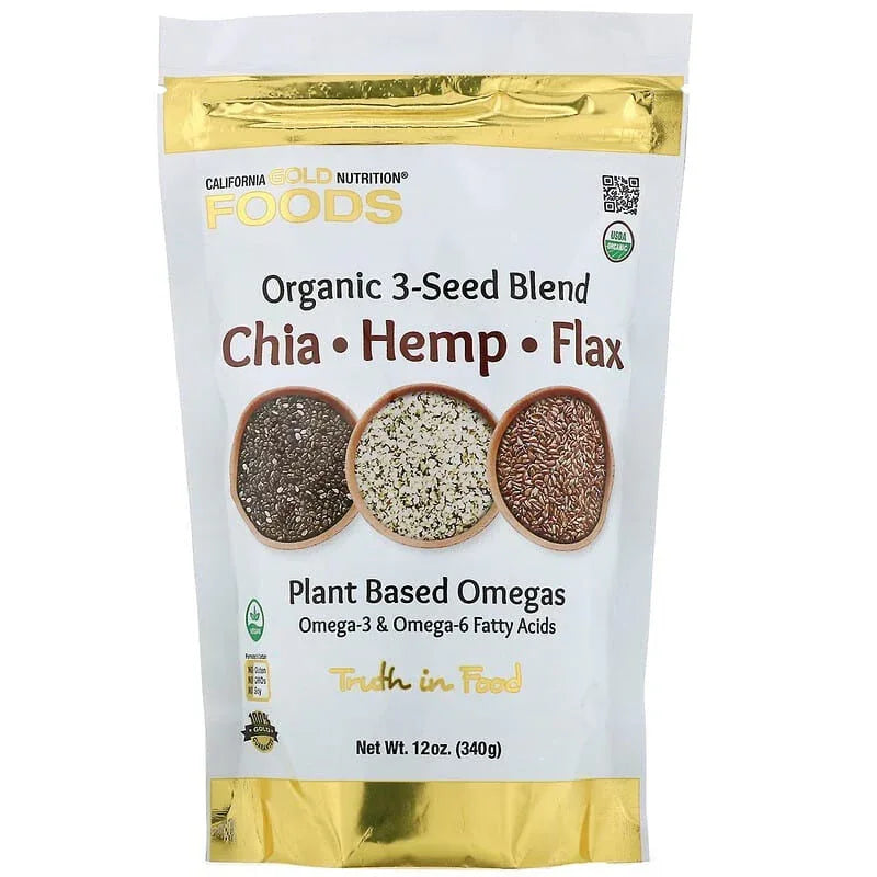 California Gold Nutrition, Organic 3-Seed Blend, Plant-based Omegas, with Ancient Seeds of Chia, Hemp and Flax, 12 oz (340 g) - USA MEGA SHOP
