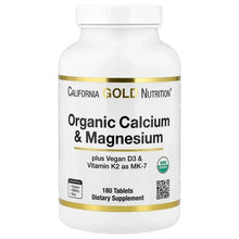 Organic Calcium & Magnesium supplement bottle, D3 & K2, 180 tablets, white with gold label