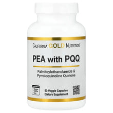 PEA with PQQ dietary supplement bottle, gold-striped label and white cap