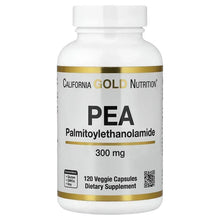 PEA supplement bottle, front label with 300 mg and 120 veggie capsules