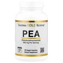 California Gold Nutrition PEA supplement bottle, 90 veggie capsules, 600 mg serving