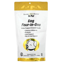 Dog chew supplement pouch, gold top and white front with logo and label