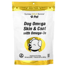Dog Omega Skin & Coat with Omega-3 soft chew bag, gold top and white front label