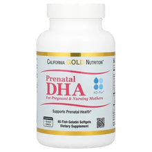 Prenatal DHA softgel bottle with California Gold Nutrition label, 60 fish gelatin softgels