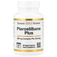 California Gold Nutrition Pterostilbene Plus supplement bottle with gold band label