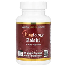Reishi dietary supplement bottle with gold-and-brown front label, 90 veggie capsules