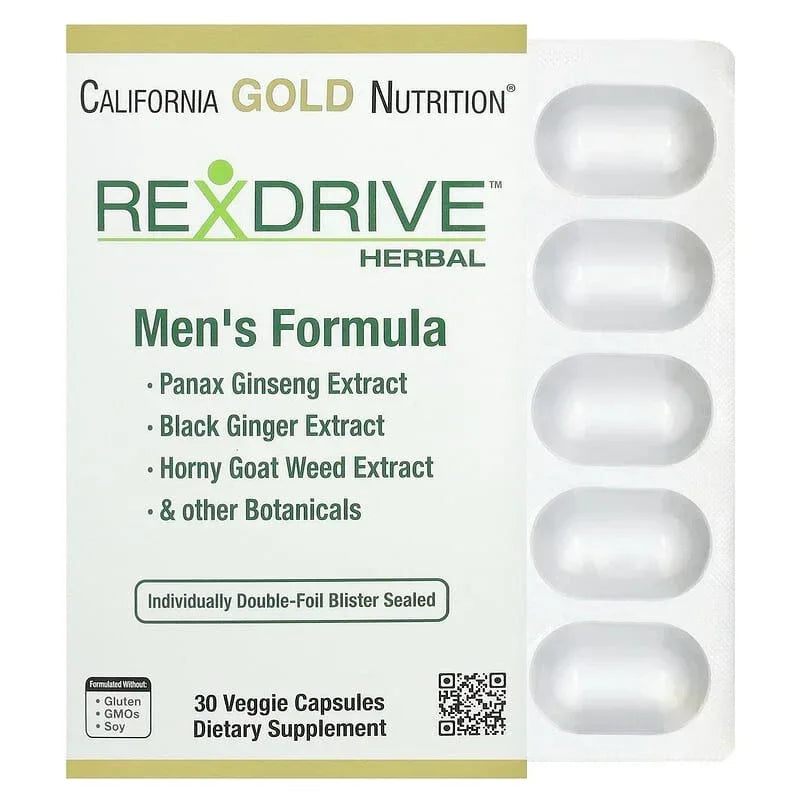 California Gold Nutrition, Rexdrive™ Men's Herbal Performance Formula with Panax Ginseng, Black Ginger, and Horny Goat Weed Extracts plus Botanical Blends, 30 Veggie Capsules