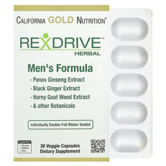 California Gold Nutrition, Rexdriveâ„¢ Men's Herbal Performance Formula with Panax Ginseng, Black Ginger, and Horny Goat Weed Extracts plus Botanical Blends, 30 Veggie Capsules - USA MEGA SHOP