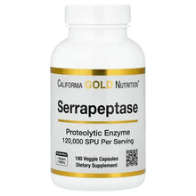 Serrapeptase dietary supplement bottle with white cap and gold label, 180 veggie capsules