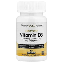 Vitamin D3 dietary supplement bottle with white cap; label shows SimplyOne and 50 softgels