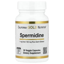 California Gold Nutrition Spermidine supplement bottle with gold band label and 30 veggie capsules