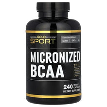 BCAA micronized supplement bottle, black with gold label and 240 veggie capsules text